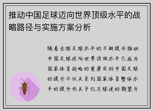 推动中国足球迈向世界顶级水平的战略路径与实施方案分析