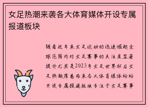 女足热潮来袭各大体育媒体开设专属报道板块