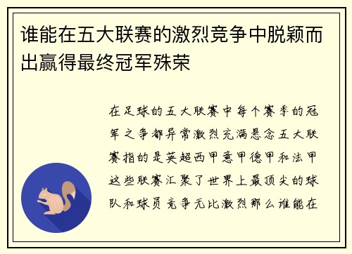谁能在五大联赛的激烈竞争中脱颖而出赢得最终冠军殊荣