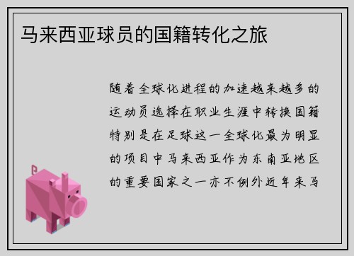 马来西亚球员的国籍转化之旅